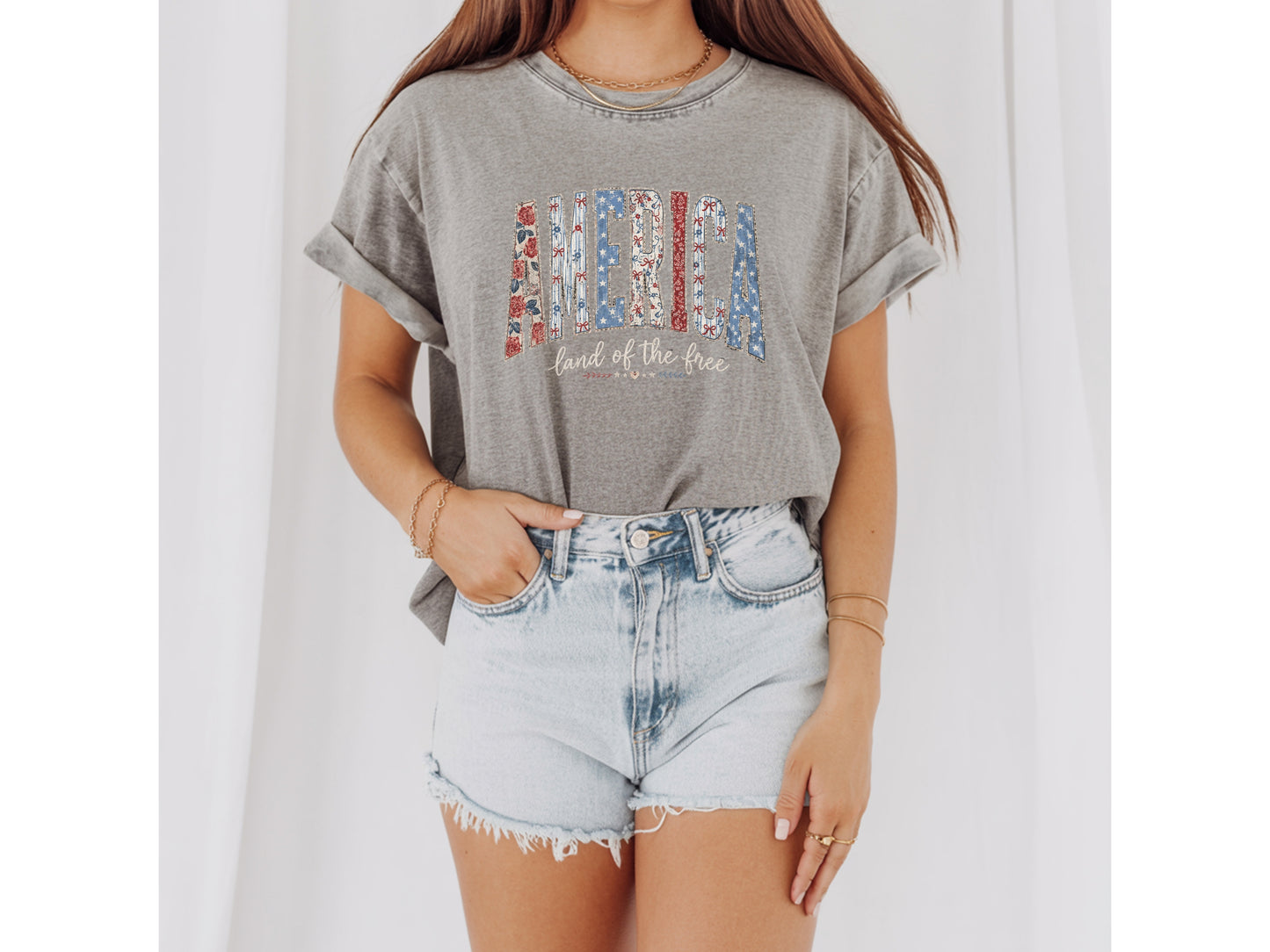 America Cherry Bow Patriotic T-Shirt — Coquette 4th of July Graphic Tee for Women