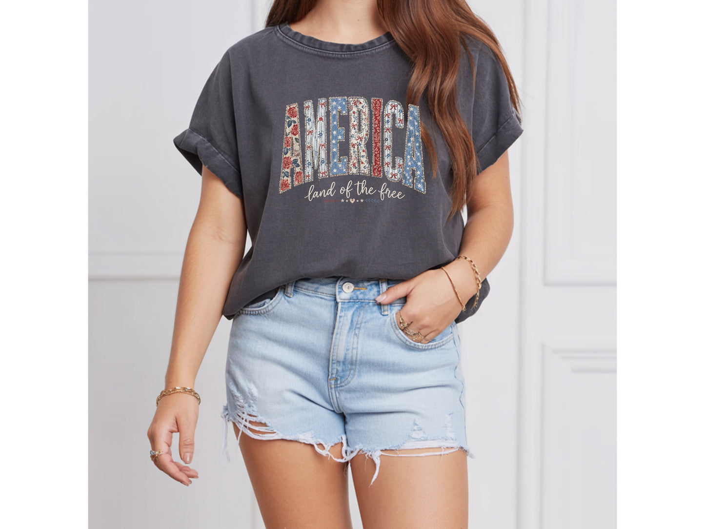America Cherry Bow Patriotic T-Shirt — Coquette 4th of July Graphic Tee for Women