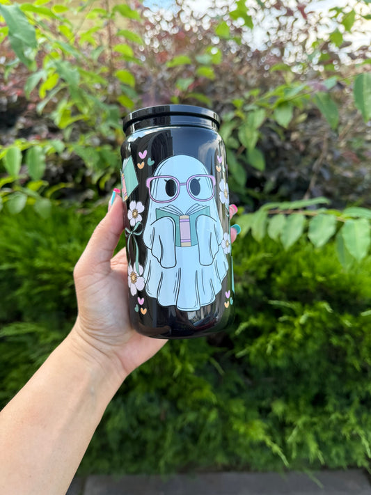 Cute Ghost Book Lover Glass Can – Spooky Reader Aesthetic Tumbler with Lid