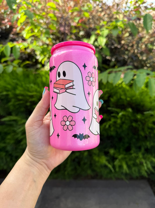 Pink Ghost Bookish Glass Can – Cute Spooky Aesthetic Tumbler