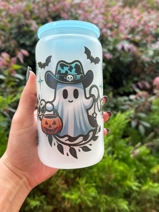 Halloween Cowboy Ghost Frosted Glass Can Cup – 16oz