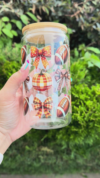 Fall Football & Pumpkin Glass Cup – 16oz